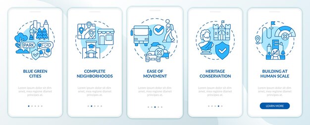 Принципы городского дизайна синий бортовой экран мобильного приложения пошаговое руководство по развитию города 5 шагов графические страницы инструкций с линейными концепциями ui ux шаблон gui myriad probold используются обычные шрифты