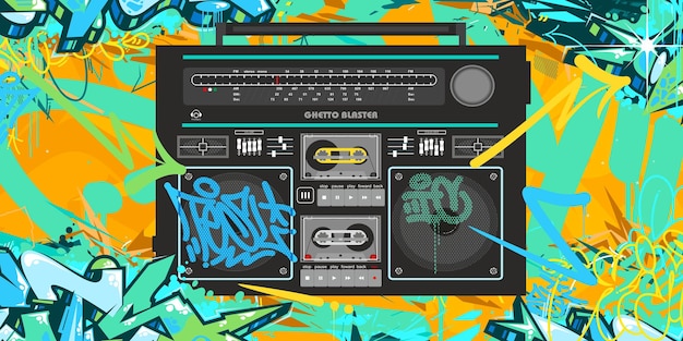 向量城市详细复古手提式录音机嘻哈涂鸦街头艺术风格旗帜
