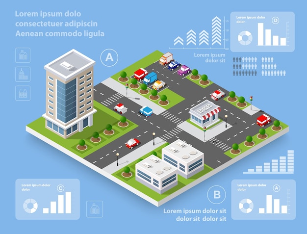 Vector urban district of the city in isometric landscape town infrastructure of houses streets