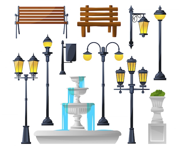ベクトル 都市の要素を設定します。街灯、噴水、公園のベンチ、ゴミ箱。