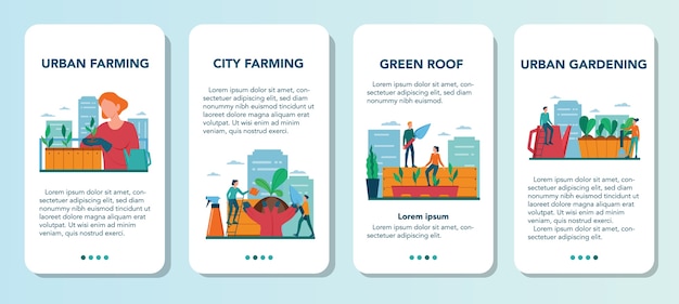 Набор баннеров для мобильных приложений городского сельского хозяйства или садоводства. Городское сельское хозяйство. Люди сажают и поливают росток на крыше или балконе. Натуральные экологически чистые продукты.