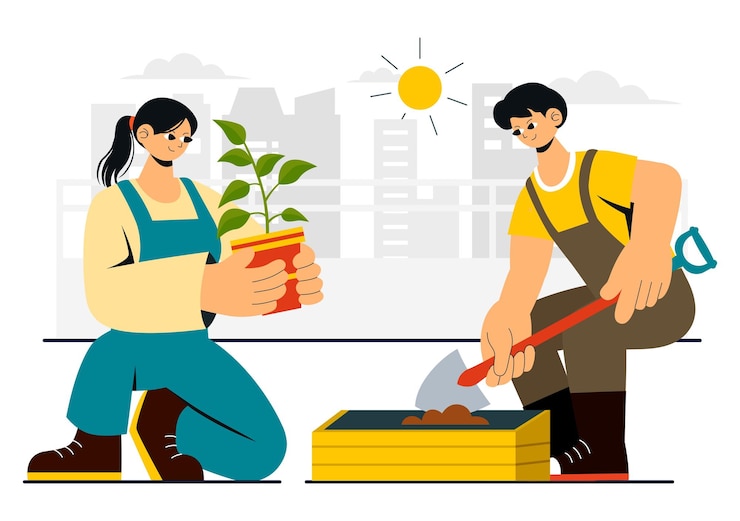 Vector urban gardening illustration featuring people planting sprouts in wooden raised garden bed with florists and greenery on a modern cityscape background
