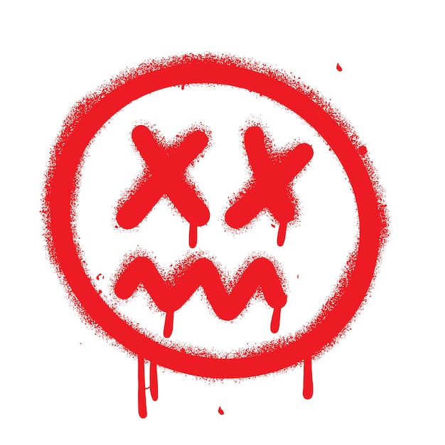 Urban graffiti crazy sick emoticon with dead eyes sprayed in red over white textured hand drawn illu