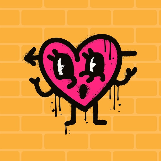 Urban graffiti heart retroo cartoon mascot in s style valentines day character romantic sprayed vect