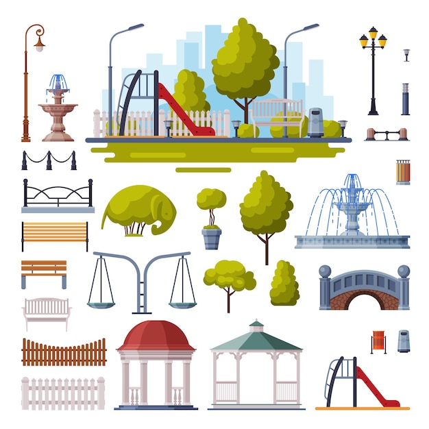 Urban Infrastructure Design Elements Collection City Park Objects Flat Style Vector Illustration on White Background
