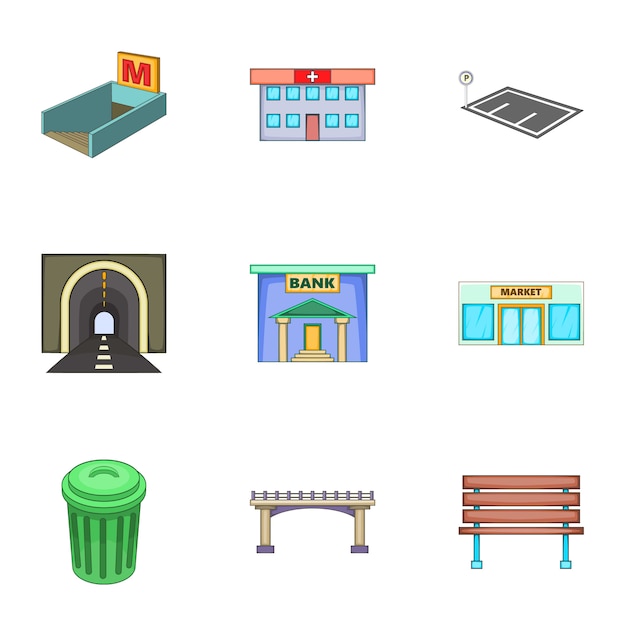 Urban infrastructure icons set, cartoon style