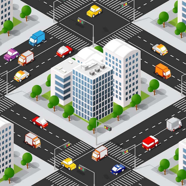 3d isometrico urbano del blocco urbano con case, strade, automobili.