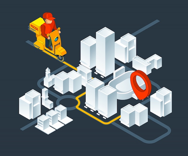 Navigazione della mappa isometrica urbana. mappa isometrica con consegna percorso di navigazione pizza