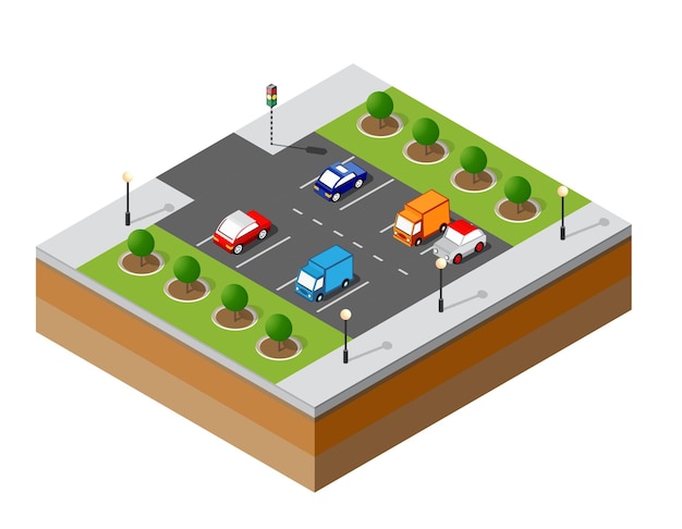 Vector urban isometric parking with cars top view of cityscape