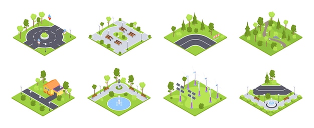 Vector urban landscape 3d tiles isometric street road city park environment road signs and street gardening three dimensional vector illustration collection