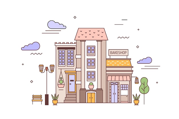 Urban landscape or cityscape with facades of living building and bakery. Street view of city district with elegant house and bakeshop or bakehouse. Colorful vector illustration in linear style.