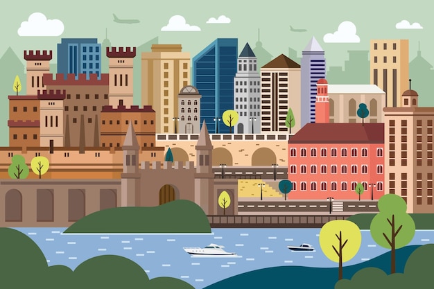 Urban landscape in a geometric minimal flat style Flat design urban landscape illustration