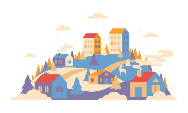 Urban landscape in geometric minimal flat style New year and Christmas winter city on hills falling snow and fir trees