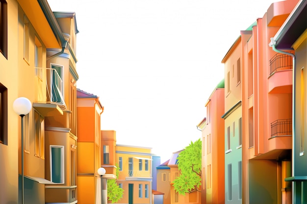 Paesaggio urbano, una tipica strada residenziale della città di provincia, illustrazione, case accoglienti sullo sfondo, splendide viste sulla città in una bella giornata di sole