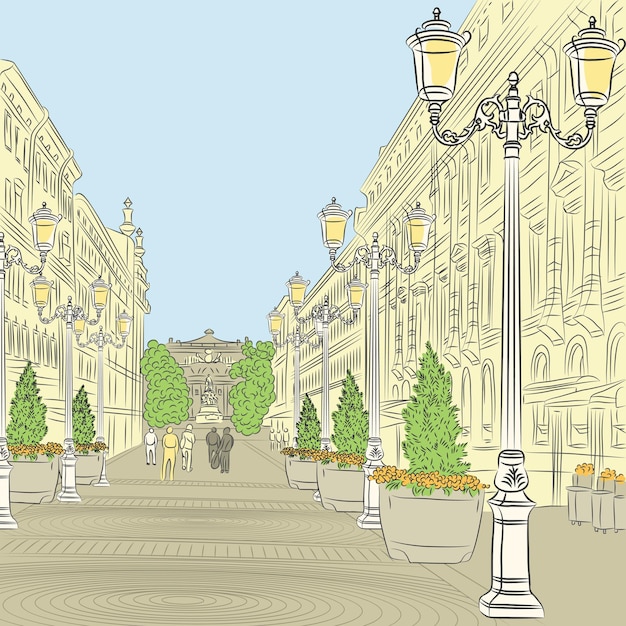 Vector urban landscape, the wide avenue with vintage buildings and beautiful lanterns in st. petersburg, russia