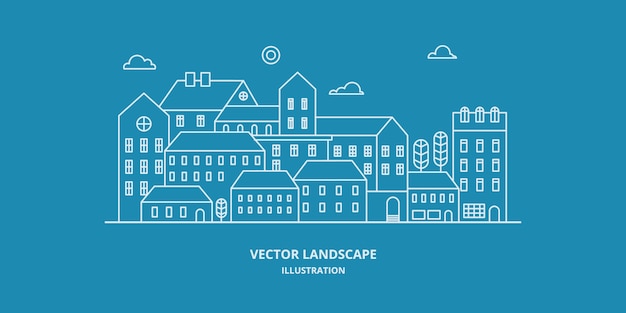 Vector urban landscape with building, house, and tree. cityscape . thin line style illustration.