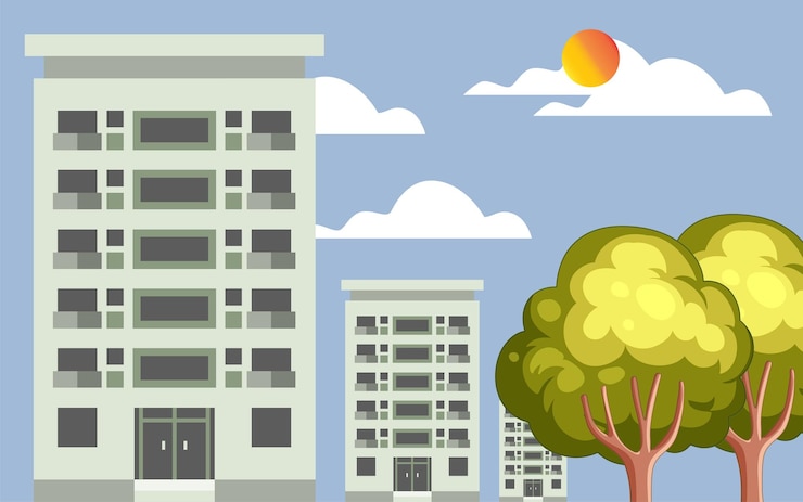 Vector urban landscape with houses and buildings