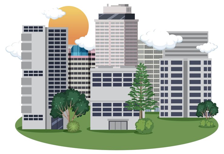 Vector urban landscape with houses and buildings