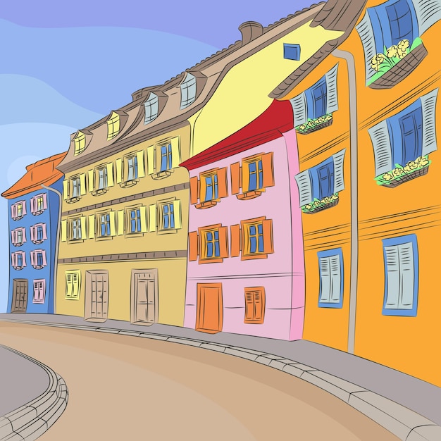 Vector urban landscape with an old european street with colorful houses