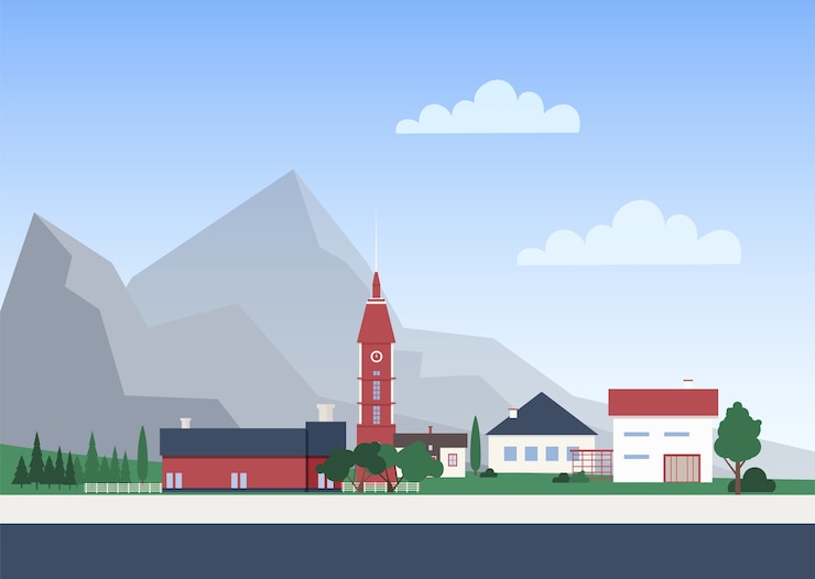 Vector urban landscape with town with residential buildings, chapel tower and trees