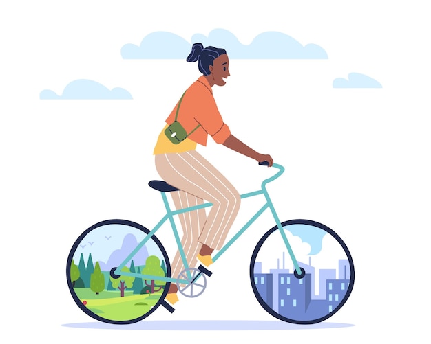 Ciclismo urbano e naturale donna felice giro in bicicletta ecologica verde città veicolo protezione ambiente cartone animato illustrazione isolata vettore ecofriendly concetto di trasporto