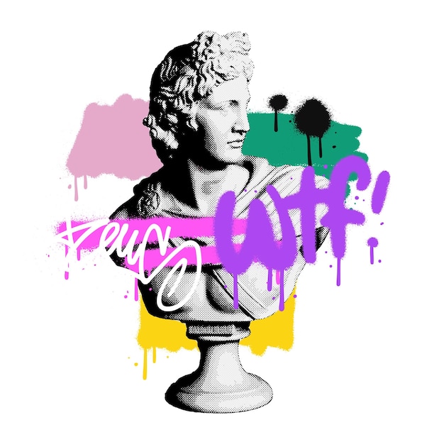 Vector urban neon urban graffiti print with halftone greek sculpture vandal concept hipster graphic vector