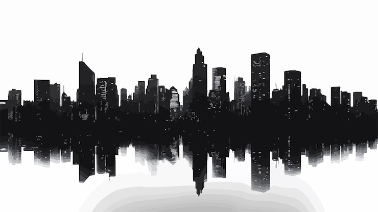 Vector urban night cityscape silhouette panoramic view wide metropolis buildings lights