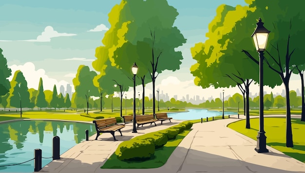Parco urbano con sentieri panchine e alberi stile disegnato