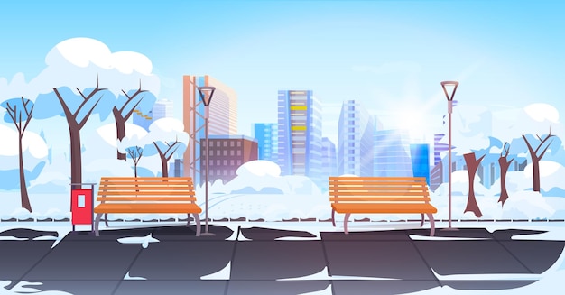 Городской парк с деревянными скамейками в зимний сезон городской фон горизонтальная векторная иллюстрация