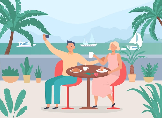 海の近くのカフェに座っている都会のリラックスした人々カフェで人々のイラストのカップルがテーブルで休んでいるライフスタイルのキャラクターの女性と男性のレストランのベクトル