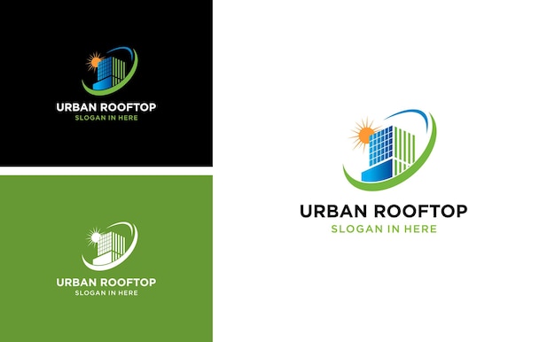 urban roof top building logo design with green town vector template