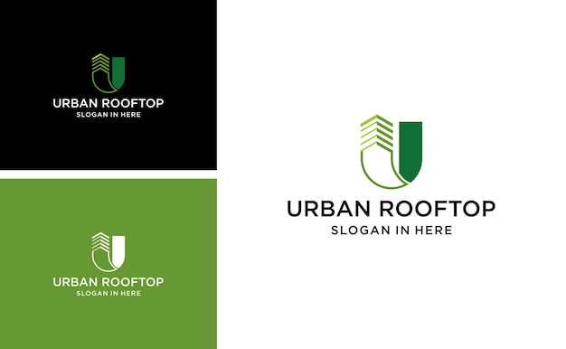 urban roof top building logo design with green town vector template