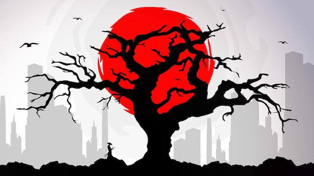 Vector urban samurai with tree wallpaper japanese theme wallpaper silhouette of a samurai wallpaper