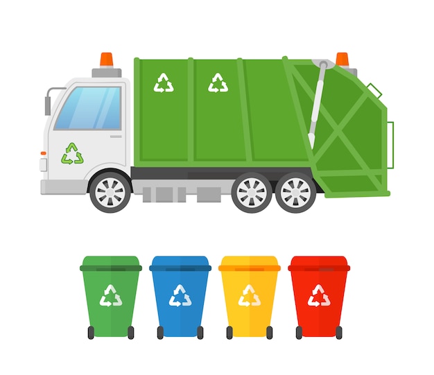 Camion e contenitori per camion della spazzatura per veicoli sanitari urbani per diversi tipi di immondizia. raccolta e trasporto dei rifiuti. camion di immondizia verde, concetto di eco in stile piano.
