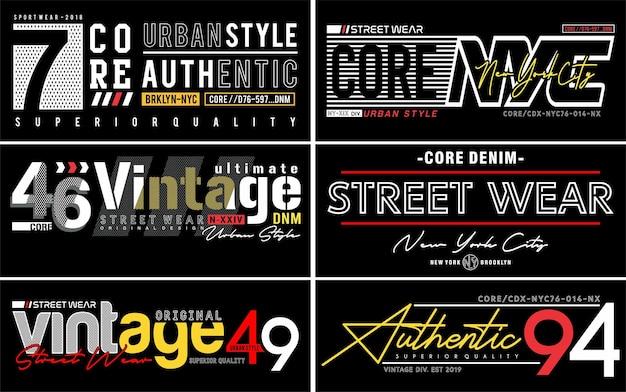 Vettore urban street typography t shirt design graphic vector bundle usa urban city t shirt designs set