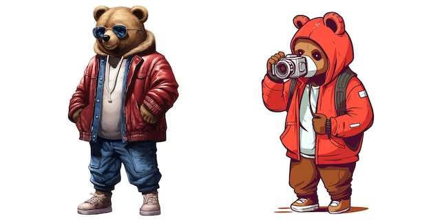 Векторная иллюстрация двух мультфильмов о медведях в современных нарядах, один из которых фиксирует моменты с помощью камеры.