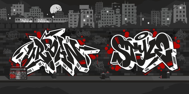 Vector urban style graffiti wall with drawings at night against the background of the cityscape vector illustration