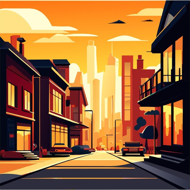 Vector urban town street against big city background vector illustration