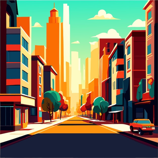 Vector urban town street against big city background vector illustration