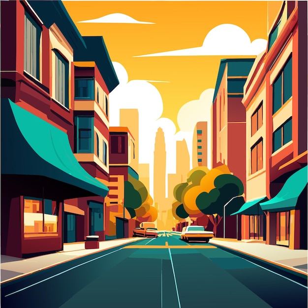 Vector urban town street against big city background vector illustration