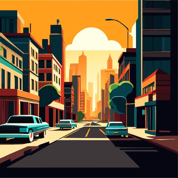 Vector urban town street against big city background vector illustration