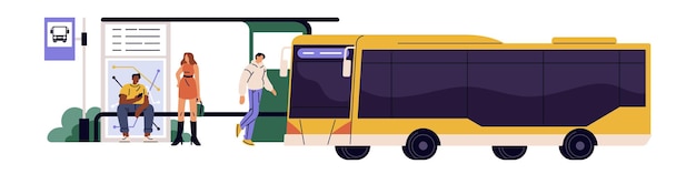 Urban transport arrives Public vehicle rides on route Electric mass transit People standing passengers waiting transfer at bus stop City infrastructure Flat isolated vector illustration on white