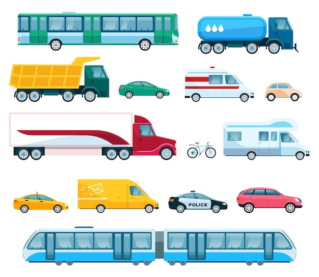 Vector urban transport bus taxi police car van truck, train. flat public vehicle vector set