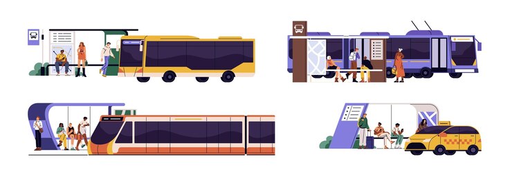 Vector 도시 대중교통 차량 세트 버스 열차 택시가 역에 도착 멈춰서 전송을 기다리는 사람들 도시 인프라  바탕에 평평한 고립된 터 일러스트