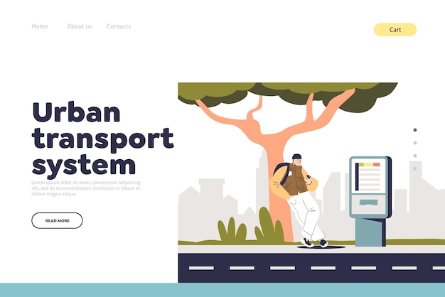 Urban transport system concept of landing page with male passenger waiting for bus buy ticket