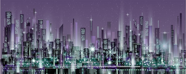 Vettore paesaggio urbano urbano vettoriale di notte sagome della città skyline sfondo della città con grattacieli di architettura megapolis edifici del centro