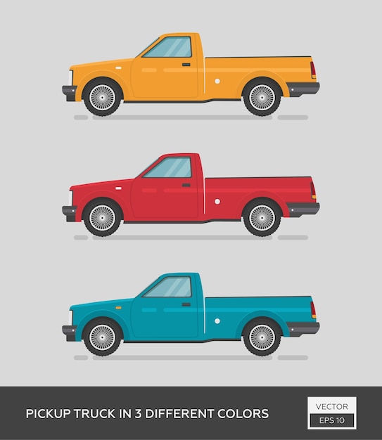 Vector urban vehicle. pickup truck in 3 different colors. cartoon flat auto