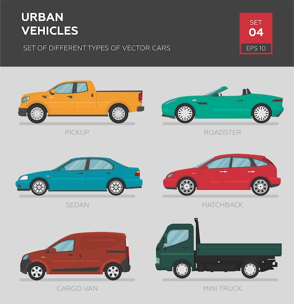 Vector urban vehicles. set of different types of vector cars sedan