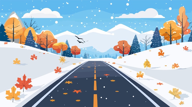 Vector urban winter cityscape in flat style snowy city road illustration