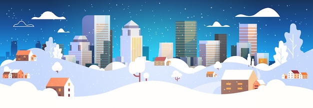 Vector urban winter landscape snowy night street christmas poster new year holidays concept modern cityscape